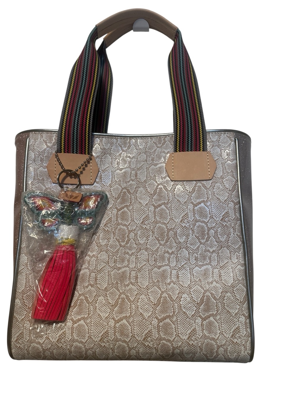 Neutral Snake-Print Tote Bag with Striped Handles and Pink Tassel by Consuela